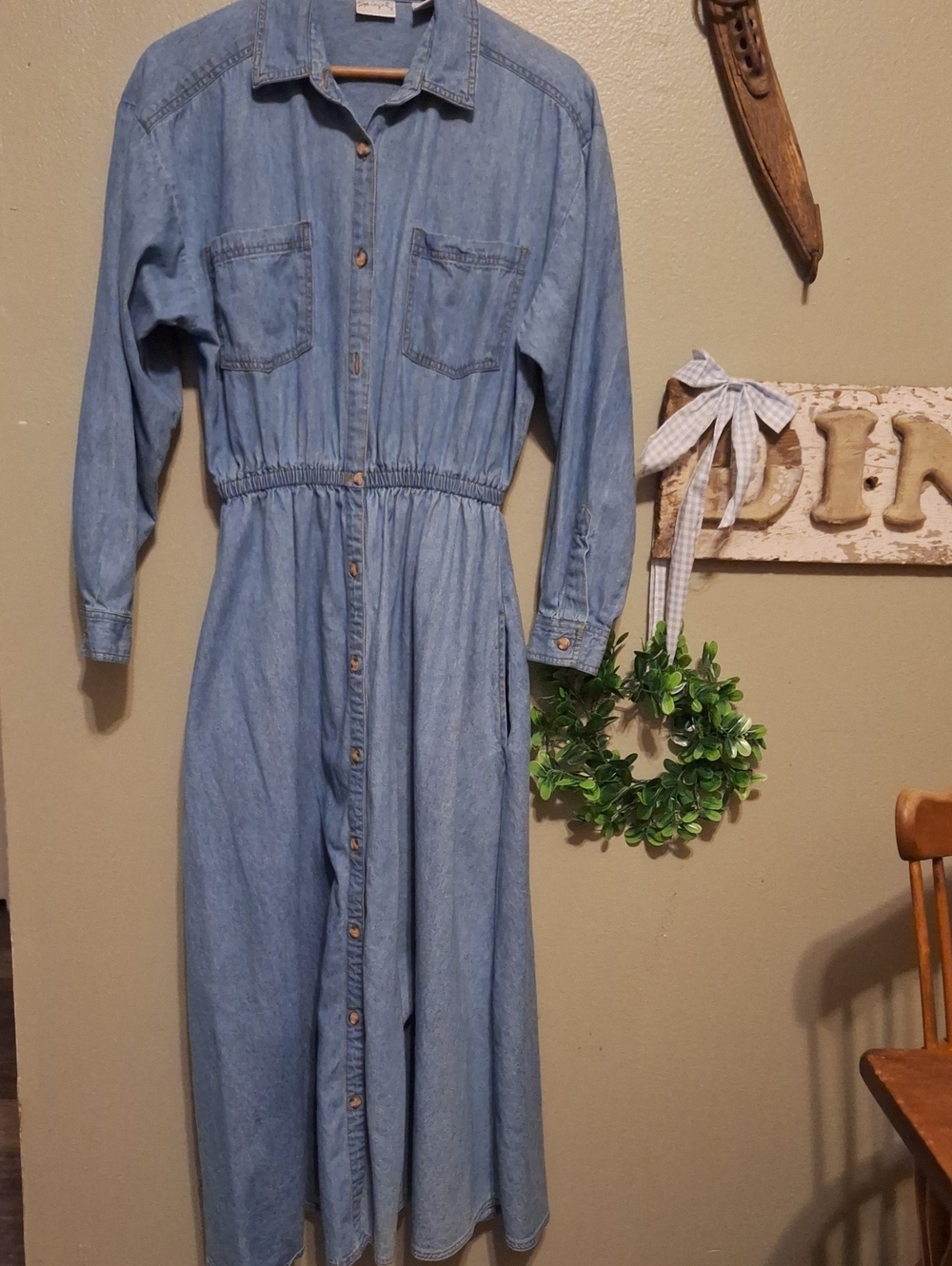 Vintage Spiegel Light Wash Denim Button-Front Maxi Dress Size M 100% Cotton